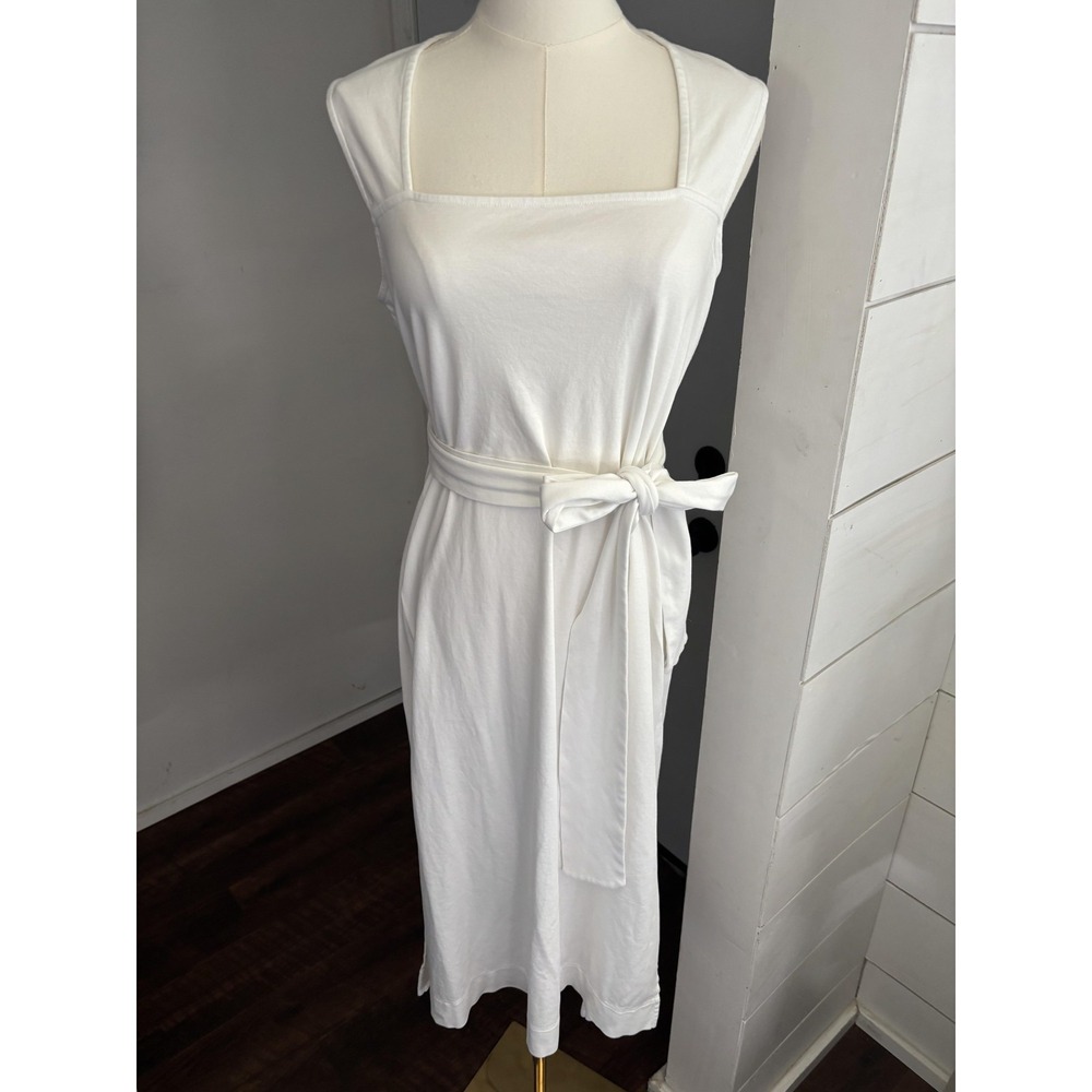 Vince Dress Womens Medium White Pima Cotton Square Neck Belted Tank Midi Casual